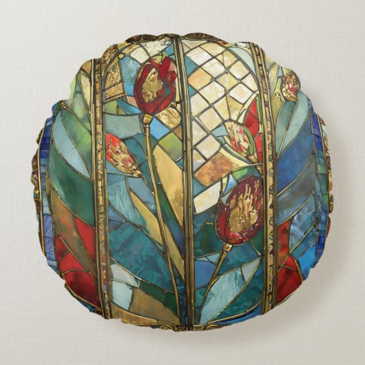 日の出でステンドグラス赤いチーフポピー ラウンドクッション (正面)