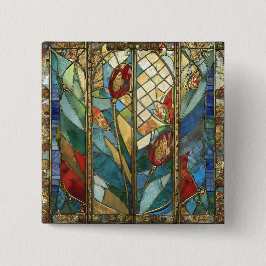 日の出でステンドグラス赤いチーフポピー 缶バッジ (正面)