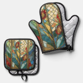 日の出でステンドグラス赤いチーフポピー 鍋つかみ&鍋敷きセット (正面/裏面)