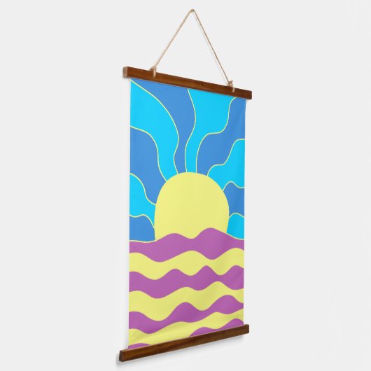 日の出と波の抽象芸術アート 吊り下げ型タペストリー (傾斜あり)