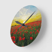 日の出と赤いケシの畑 ラウンド壁時計 (傾斜)