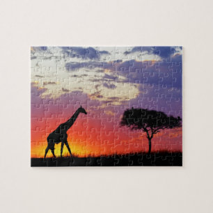 日の出にシルエットとなったキリン、Giraffa ジグソーパズル