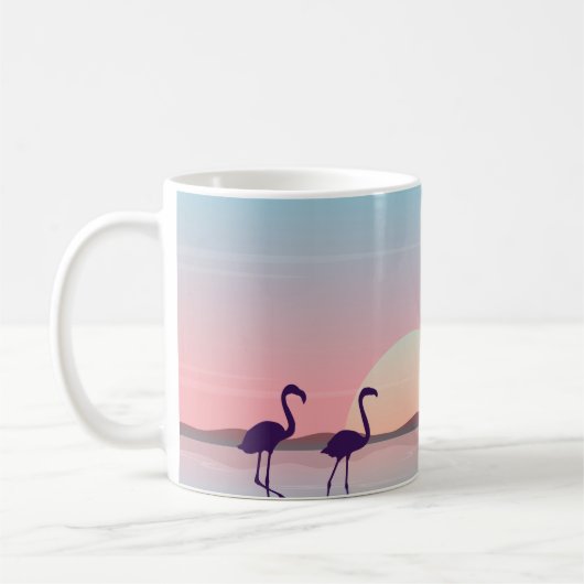 日の出にフラミンゴの風景シルエテフラミンゴ コーヒーマグカップ (左)
