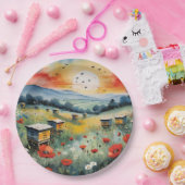 日の出にミツバチの巣箱と赤いケシ ペーパープレート (パーティー)