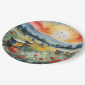 日の出にミツバチの巣箱と赤いケシ ペーパープレート (アングル)