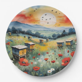 日の出にミツバチの巣箱と赤いケシ ペーパープレート