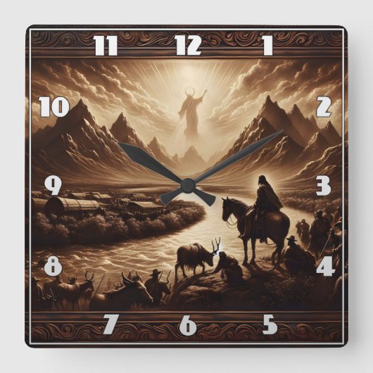 日の出に山の上にイエスが現れる スクエア壁時計 (正面)