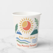 日の出のイラストレーション"ライズとシャイン!"引用文モット 紙コップ (裏面)
