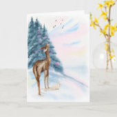 日の出のクリスマスに鹿とウサギ カード (黄色い花)