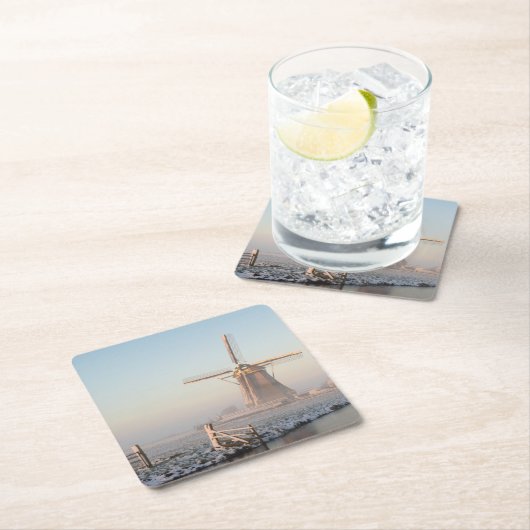 日の出のコースターの雪の風車 スクエアペーパーコースター (インサイチュ)