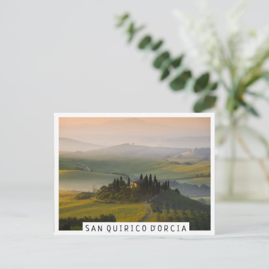 日の出のトスカーナの丘の風景 ポストカード (スタンド正面)