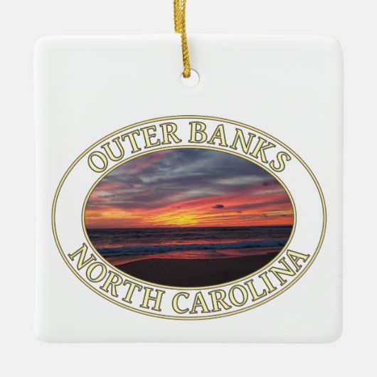 日の出の上の海、子猫ホーク、外側の銀行NC セラミックオーナメント (正面)