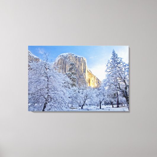 日の出の光が雪の中をエル・キャピタンに当たる キャンバスプリント (正面)
