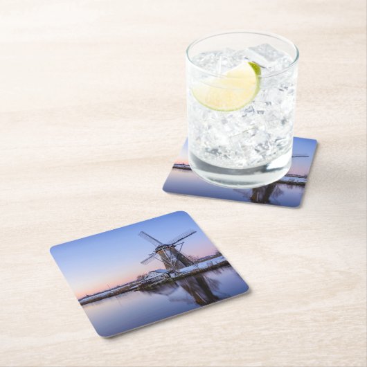 日の出の冬の風車、オランダのコースター スクエアペーパーコースター (インサイチュ)