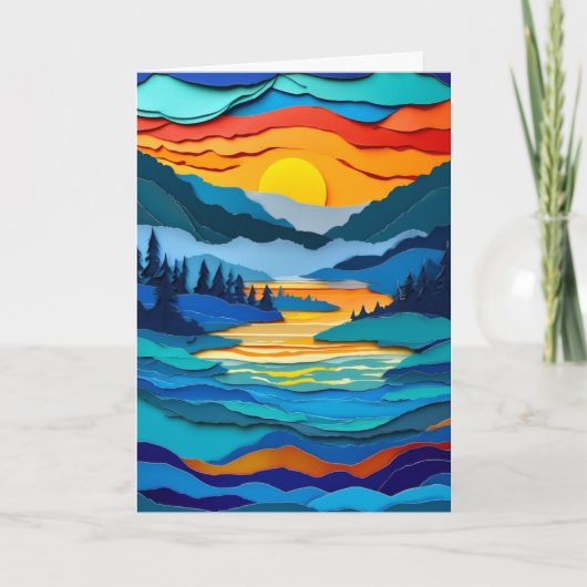 日の出の切り絵の湖の風景 カード (正面)