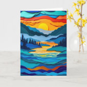 日の出の切り絵の湖の風景 カード (黄色い花)