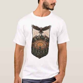日の出の山々の上の雄大な鷲 Tシャツ