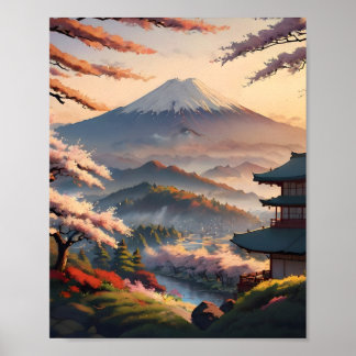 日の出の山々 静かな日本の風景 ポスター
