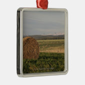 日の出の山が付いている分野の干し草ベール メタルオーナメント (右)