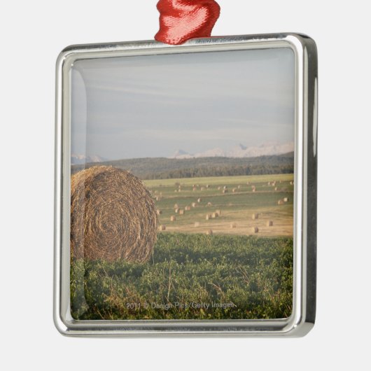 日の出の山が付いている分野の干し草ベール メタルオーナメント (左)