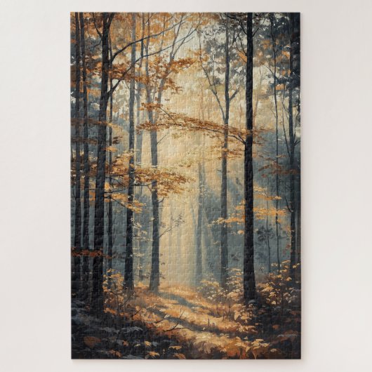 日の出の森の小道シーン ジグソーパズル (縦)