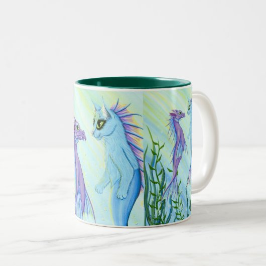 日の出の水泳の海のドラゴンの人魚猫のファインアートのマグ ツートーンマグカップ (正面右)