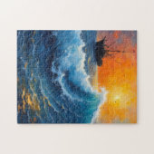 日の出の海の魚釣り船 ジグソーパズル (横)