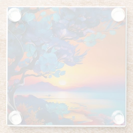 日の出の湖で花の木 ガラスコースター (裏面)