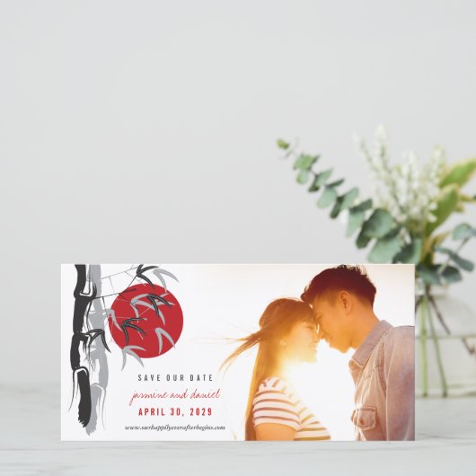 日の出の竹の結婚式の日付の写真カードを保存 セーブザデート (スタンド正面)