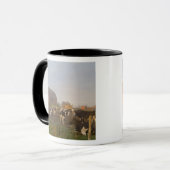 日の出の納屋の外のホルスタイン乳牛 マグカップ (正面左)