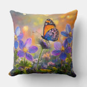 日の出の花に咲く小さな蝶 クッション (正面)