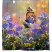 日の出の花に咲く小さな蝶 シャワーカーテン (正面)