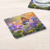 日の出の花に咲く小さな蝶 スクエアペーパーコースター (アングル)