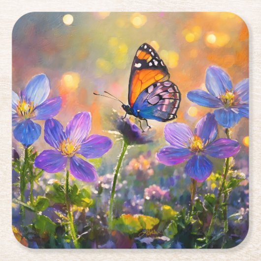 日の出の花に咲く小さな蝶 スクエアペーパーコースター (正面)