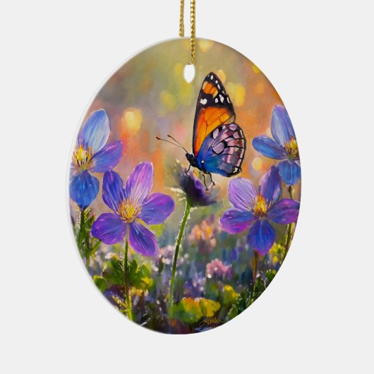 日の出の花に咲く小さな蝶 セラミックオーナメント (右)