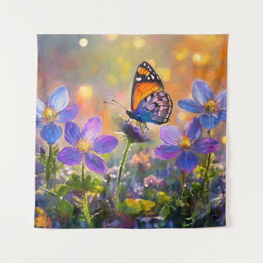 日の出の花に咲く小さな蝶 タペストリー (正面)