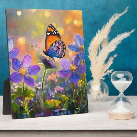 日の出の花に咲く小さな蝶 フォトプラーク (側面)