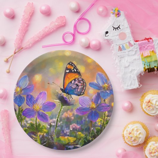 日の出の花に咲く小さな蝶 ペーパープレート (パーティー)