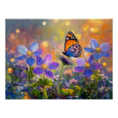 日の出の花に咲く小さな蝶 ポスター (正面)