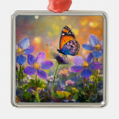 日の出の花に咲く小さな蝶 メタルオーナメント (正面)