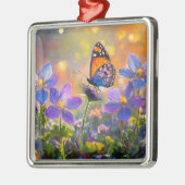 日の出の花に咲く小さな蝶 メタルオーナメント (左)