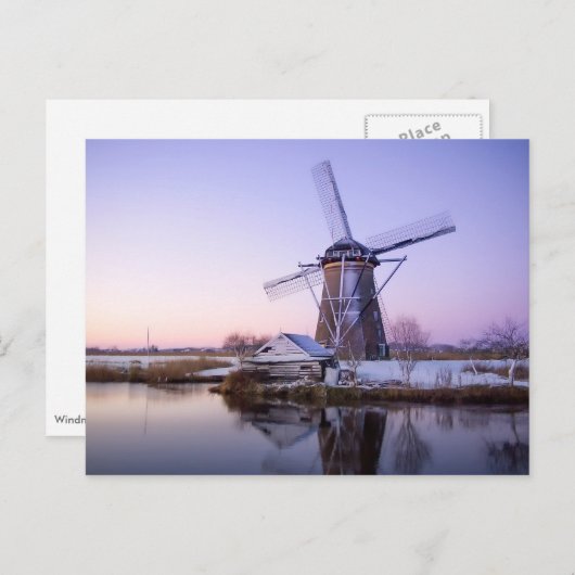 日の出の間の風車、オランダの冬の郵便はがき ポストカード (正面/裏面)