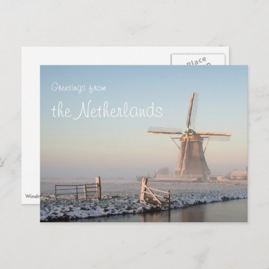 日の出の雪の中の風車文字はがき ポストカード (正面/裏面)