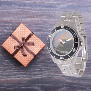 日の出の飛行機の翼のパーソナライズされた写真 腕時計