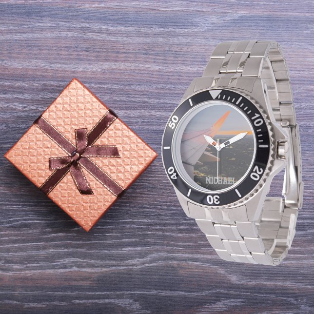 日の出の飛行機の翼のパーソナライズされた写真 腕時計 (クリエイターアップロード済み)