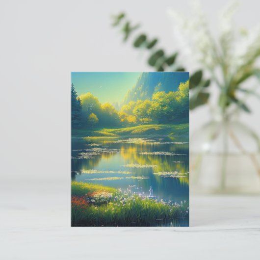 日の出の魔法で緑の風景 ポストカード (スタンド正面)