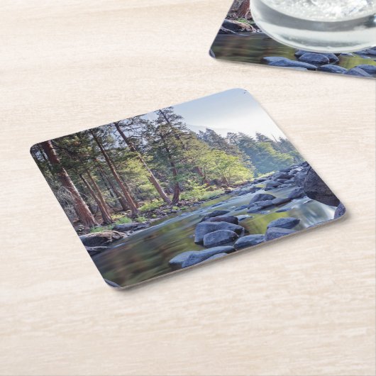 日の出のMercedの川|ヨセミテ国立公園 スクエアペーパーコースター (アングル)