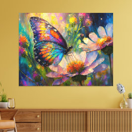 日の出カラフルで蝶と野花 キャンバスプリント