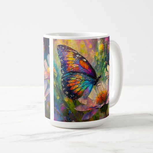 日の出カラフルで蝶と野花 コーヒーマグカップ (正面右)