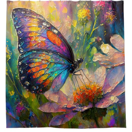 日の出カラフルで蝶と野花 シャワーカーテン (正面)